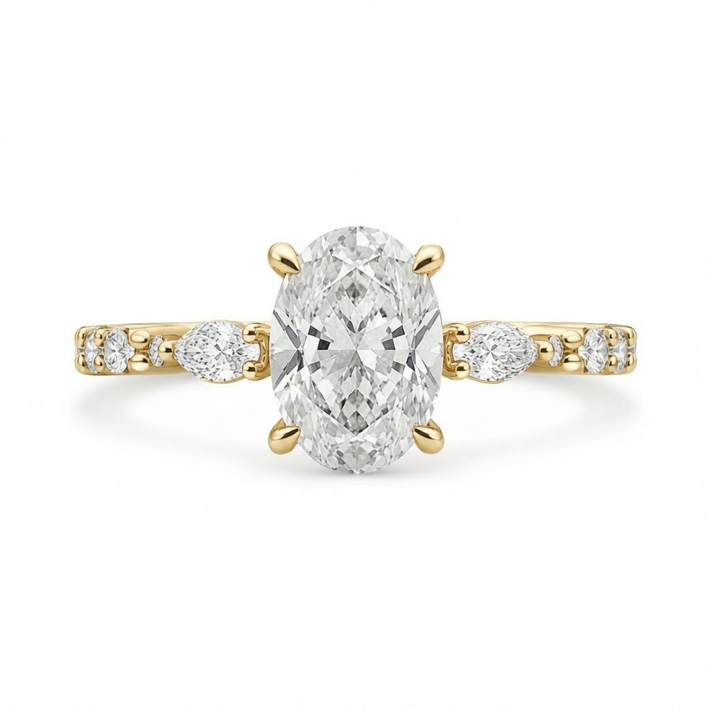 3.00 CT Oval Lab-Grown Diamond Hidden Halo Engagement Ring in 14K White Gold – Marquise Pavé Half Eternity Design