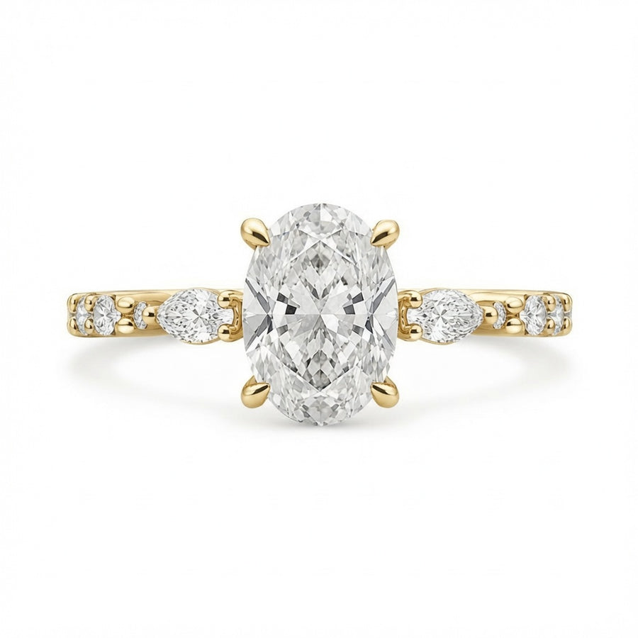 3.00 CT Oval Lab-Grown Diamond Hidden Halo Engagement Ring in 14K White Gold – Marquise Pavé Half Eternity Design