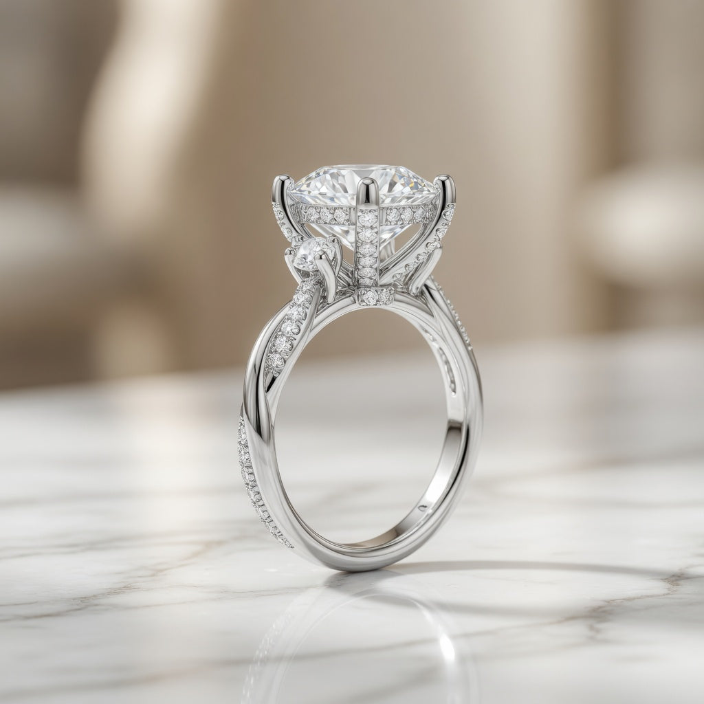 3.00 CT Pear Lab-Grown Diamond Hidden Halo Three Stone Engagement Ring in 14K White Gold – Petite Twisted Vine Design