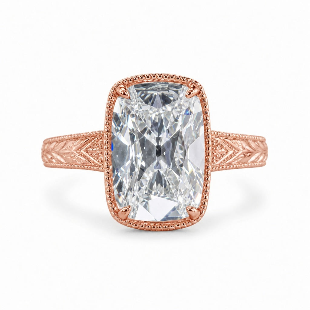 4.00 CT Old Mine Cushion Cut Lab-Grown Diamond Engagement Ring in 14K White Gold – Vintage Hand-Engraved Heirloom Design