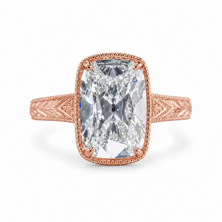 4.00 CT Old Mine Cushion Cut Lab-Grown Diamond Engagement Ring in 14K White Gold – Vintage Hand-Engraved Heirloom Design
