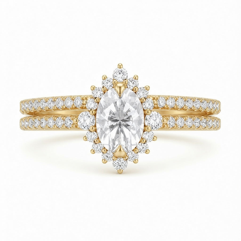 2.00 CT Oval Lab-Grown Diamond Halo 2PCS Bridal Set in 14K White Gold – Eternity Wedding Band Design