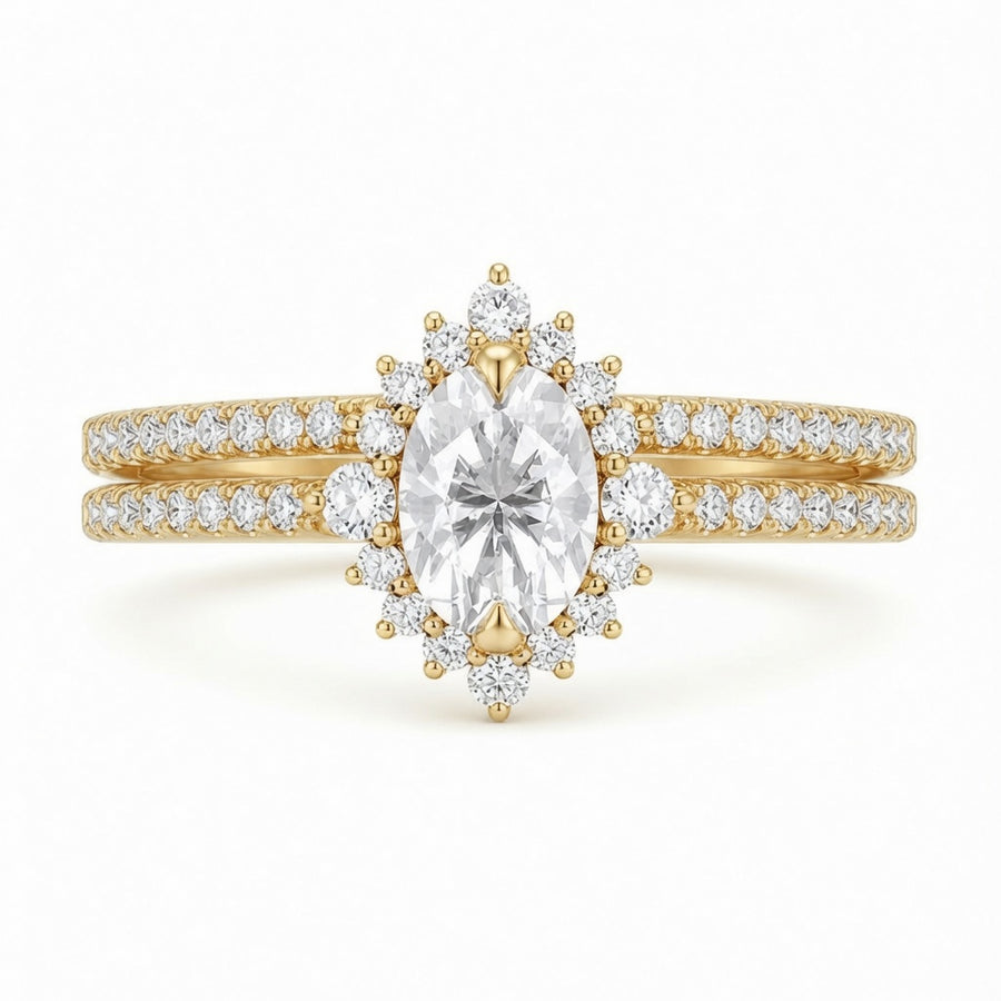 2.00 CT Oval Lab-Grown Diamond Halo 2PCS Bridal Set in 14K White Gold – Eternity Wedding Band Design