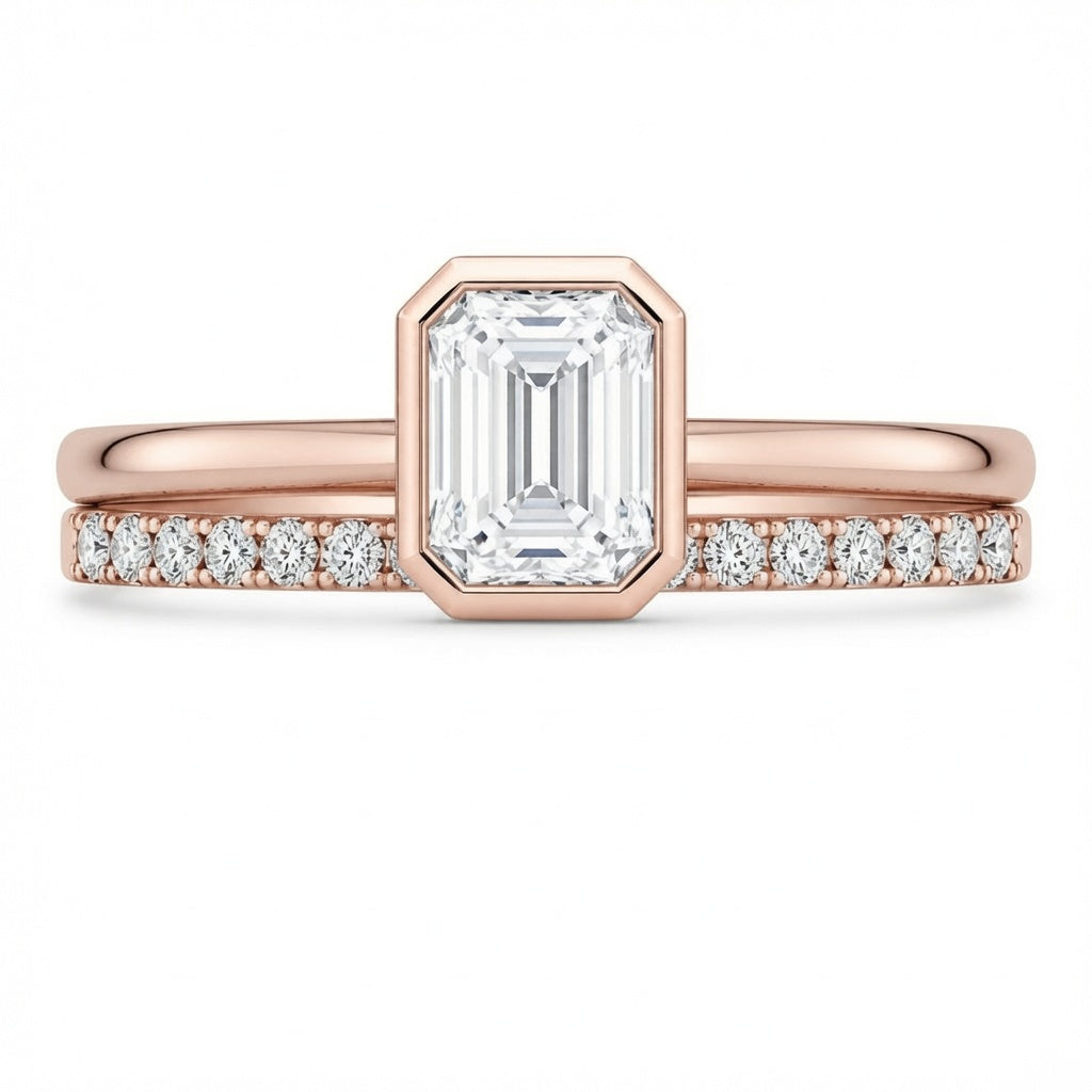 2.00 CT Emerald Cut Lab-Grown Diamond 2PCS Bezel Bridal Set in 14K White Gold – Minimalist Wedding Ring Design