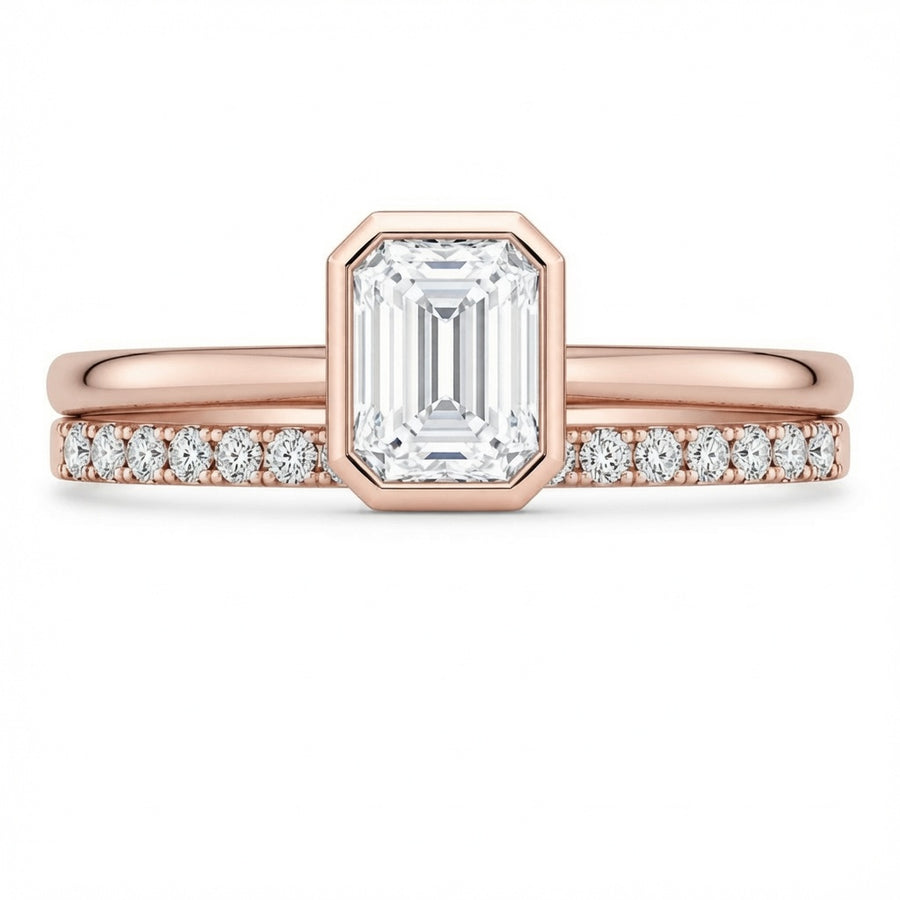 2.00 CT Emerald Cut Lab-Grown Diamond 2PCS Bezel Bridal Set in 14K White Gold – Minimalist Wedding Ring Design