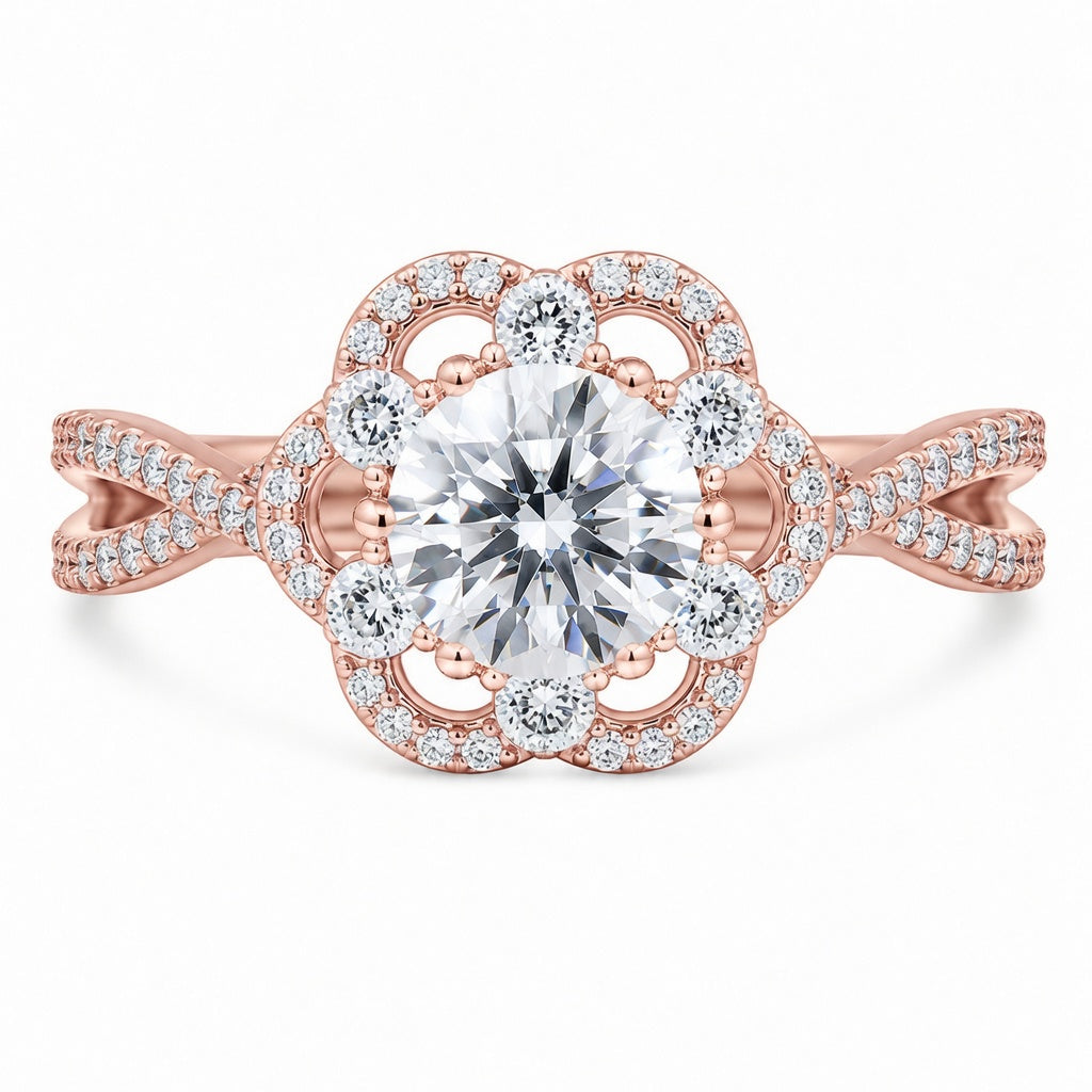 1.00 CT Round Cut Lab-Grown Diamond Double Halo Engagement Ring in 14K White Gold – Split Shank Anniversary Design
