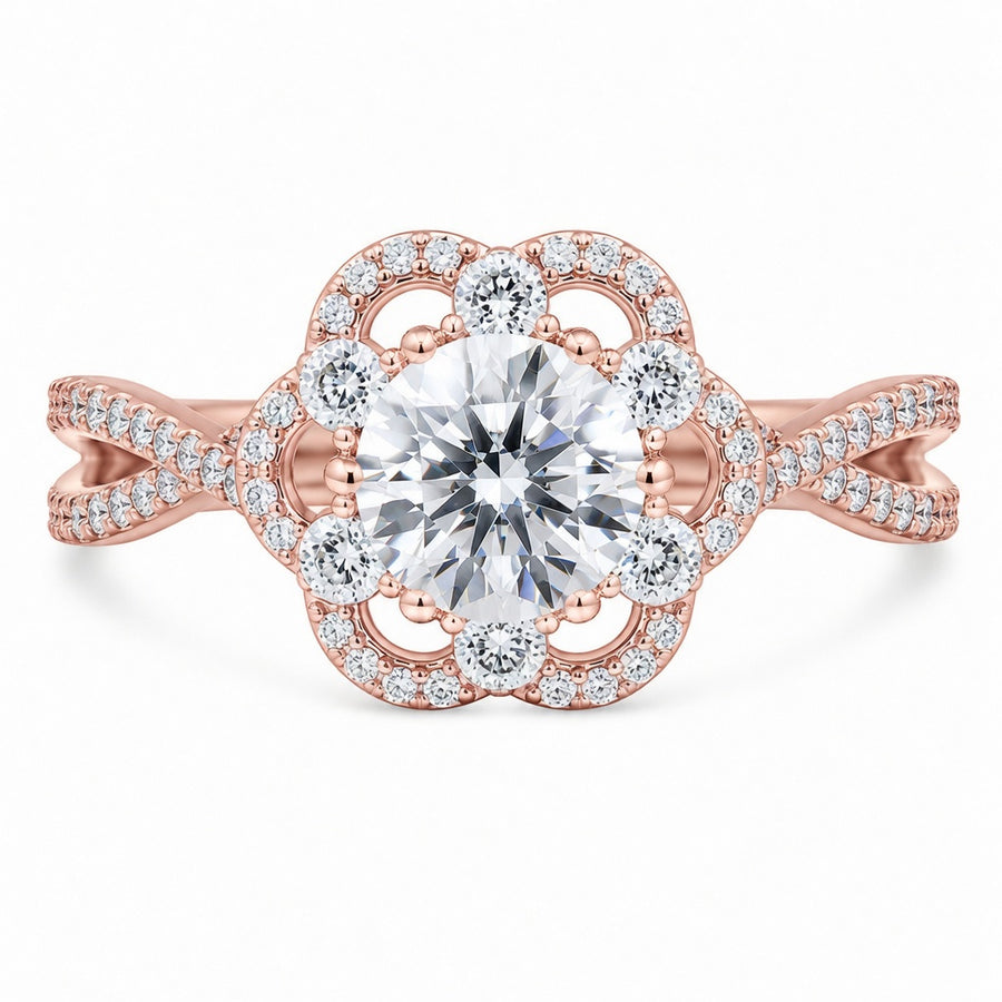 1.00 CT Round Cut Lab-Grown Diamond Double Halo Engagement Ring in 14K White Gold – Split Shank Anniversary Design