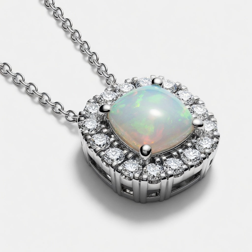 1.00 CTW Cushion Cut Created Opal and Round Lab-Grown Diamond Halo Pendant with Adjustable Chain (D–F / VS1–VS2)