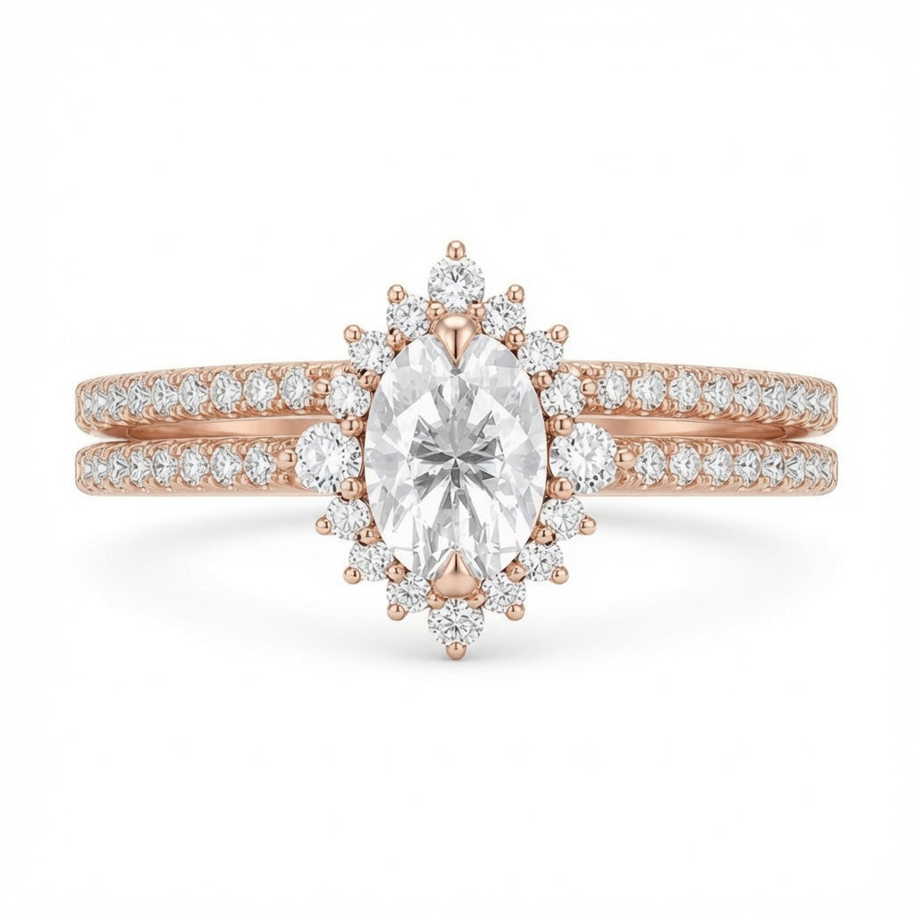2.00 CT Oval Lab-Grown Diamond Halo 2PCS Bridal Set in 14K White Gold – Eternity Wedding Band Design