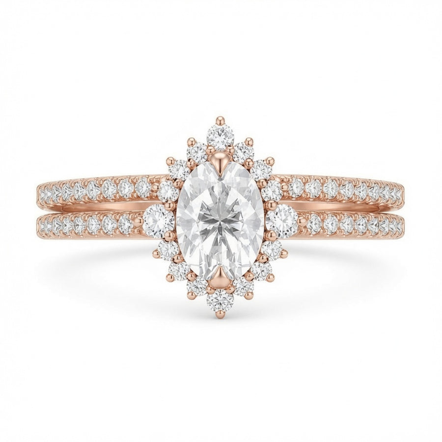 2.00 CT Oval Lab-Grown Diamond Halo 2PCS Bridal Set in 14K White Gold – Eternity Wedding Band Design