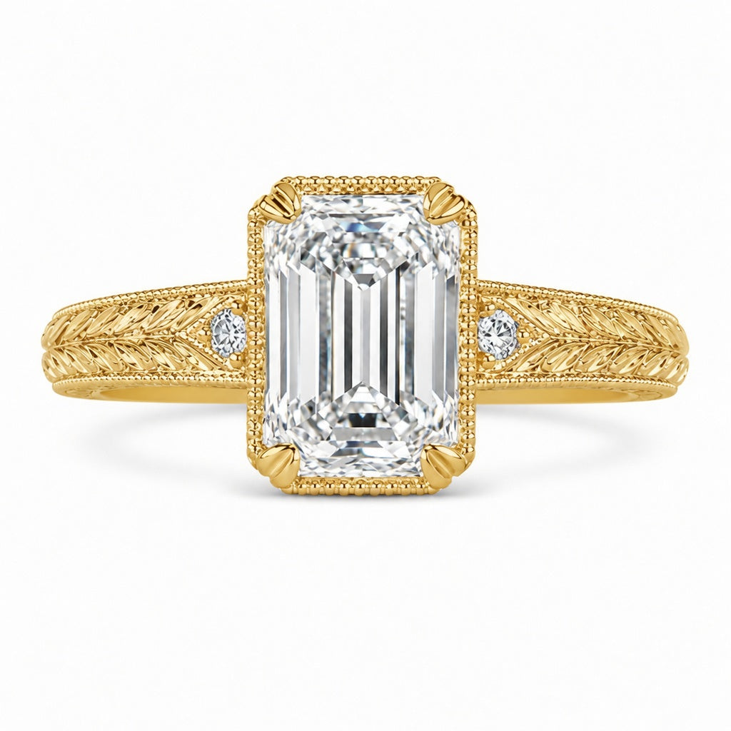 3.50 CT Vintage Inspired Criss Cut Lab-Grown Diamond Engagement Ring in 14K White Gold – Hand-Engraved Art Deco Cathedral Design