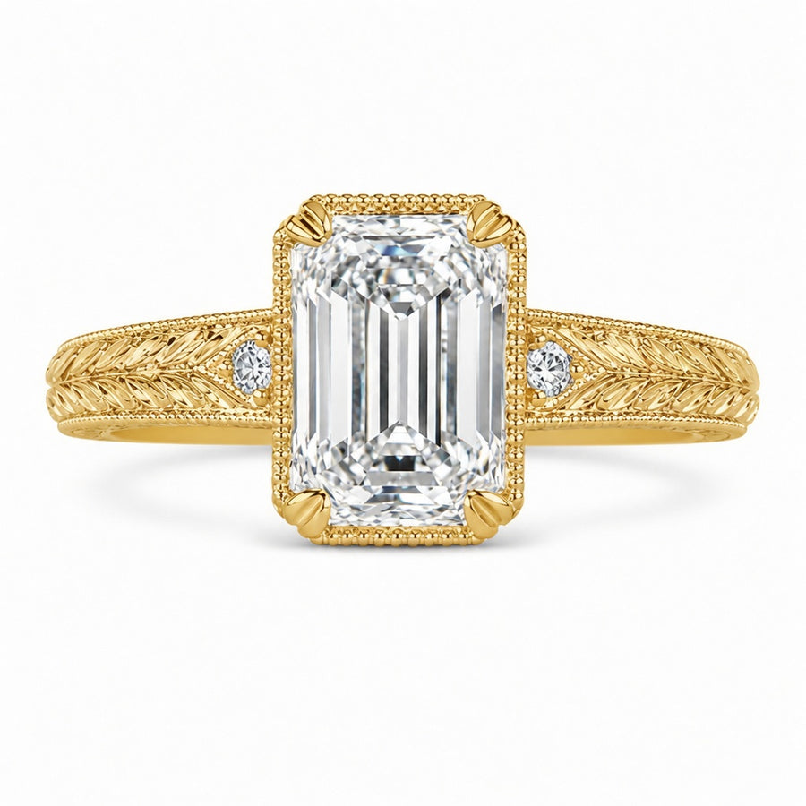 3.50 CT Vintage Inspired Criss Cut Lab-Grown Diamond Engagement Ring in 14K White Gold – Hand-Engraved Art Deco Cathedral Design
