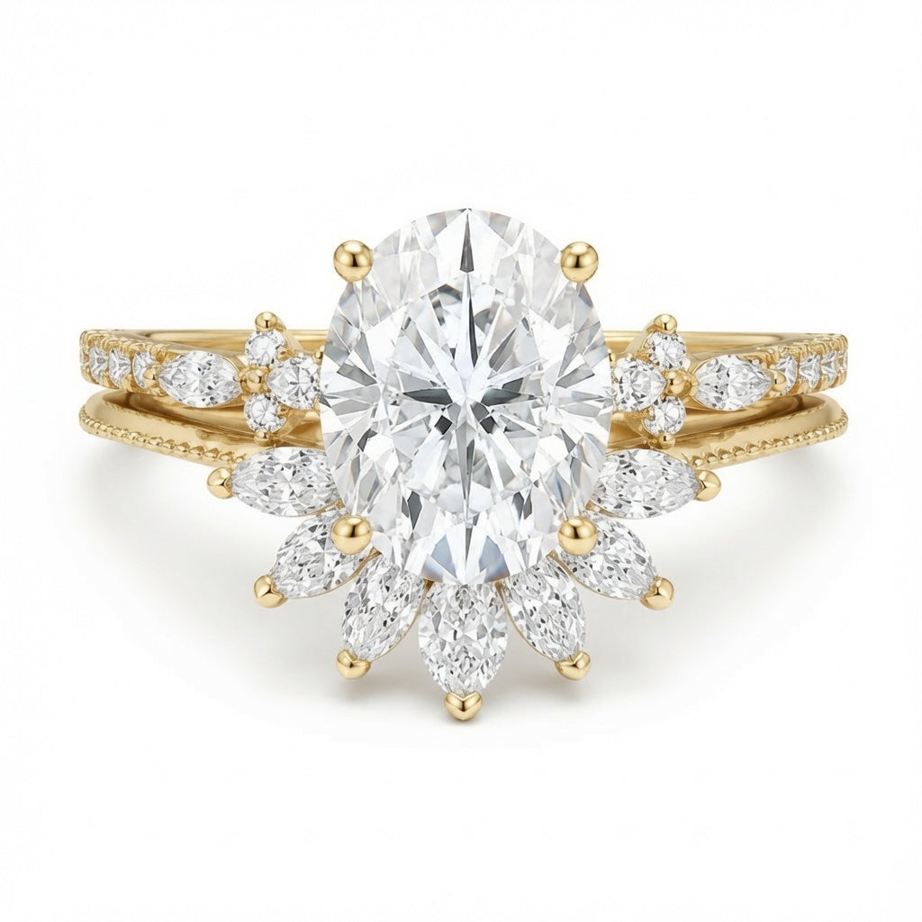 3.00 CT Oval Lab-Grown Diamond 2PCS Bridal Set in 14K White Gold – Vintage Cluster Wedding Ring Design