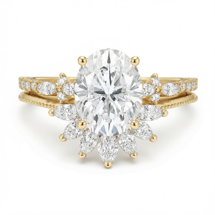 3.00 CT Oval Lab-Grown Diamond 2PCS Bridal Set in 14K White Gold – Vintage Cluster Wedding Ring Design