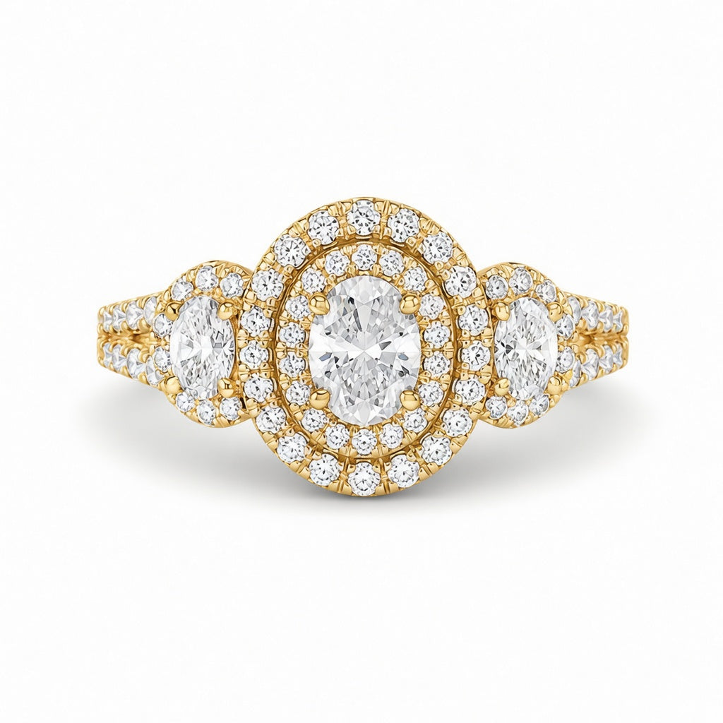 2.20 CT Oval Cut Lab-Grown Diamond Double Halo Engagement Ring in 14K White Gold – Split Shank Bridal Design