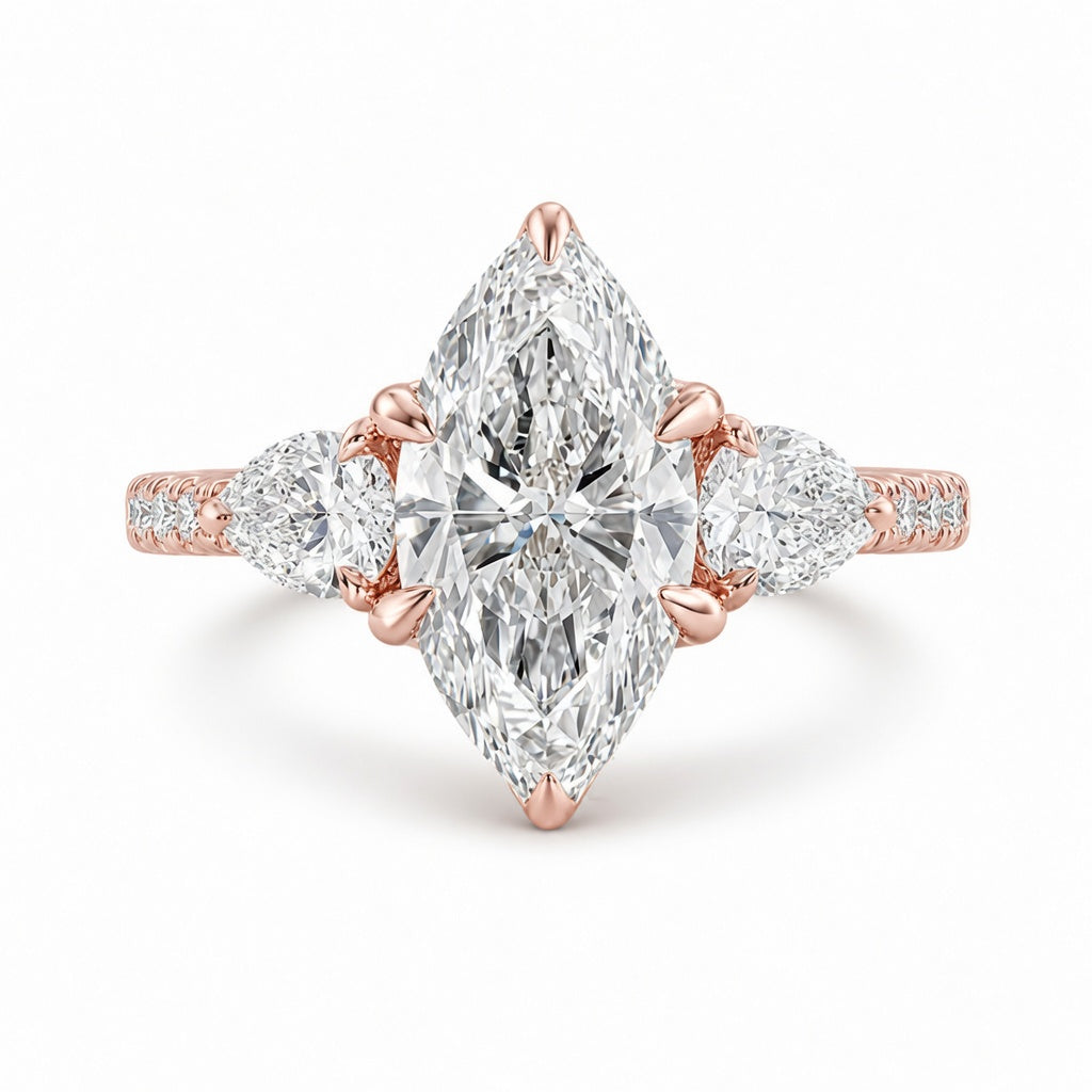 3.00 CT Marquise Cut Lab-Grown Diamond Three-Stone Engagement Ring in 14K White Gold – Pear Side Diamond Pavé Trilogy Design