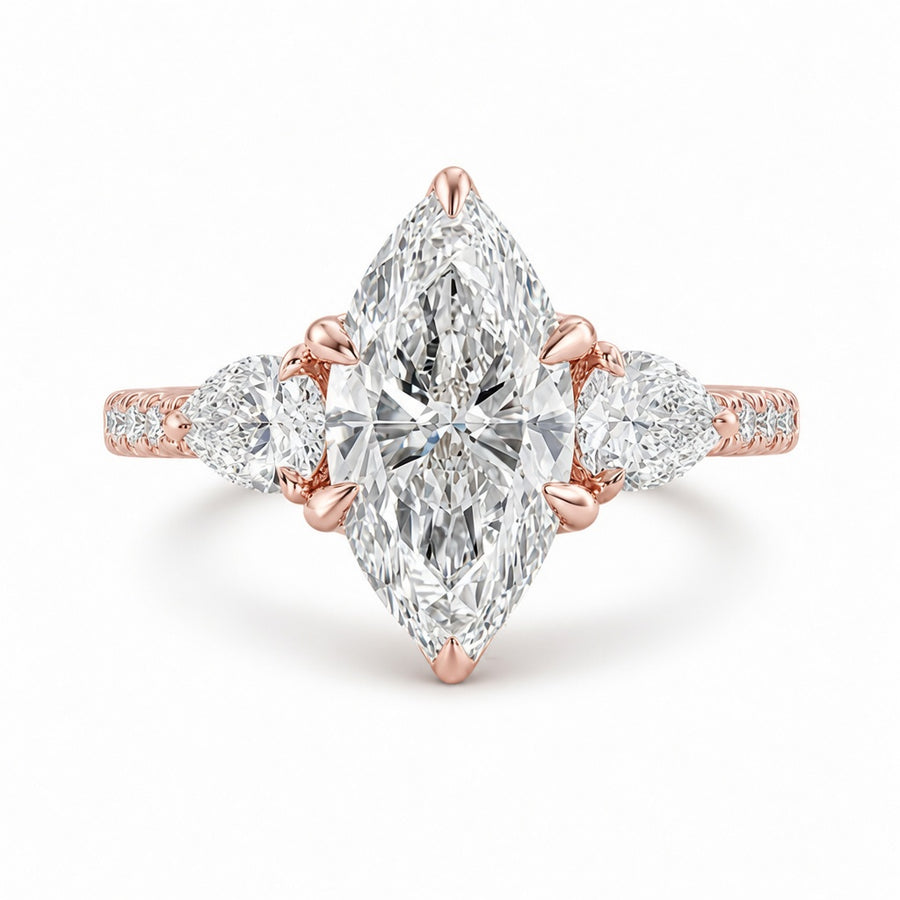 3.00 CT Marquise Cut Lab-Grown Diamond Three-Stone Engagement Ring in 14K White Gold – Pear Side Diamond Pavé Trilogy Design