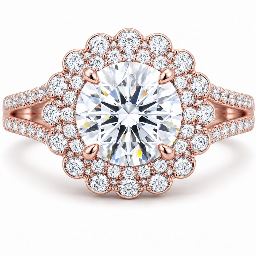 2.00 CT Round Lab-Grown Diamond Double Halo Engagement Ring in 14K White Gold – Split Shank Vintage Art Deco Design
