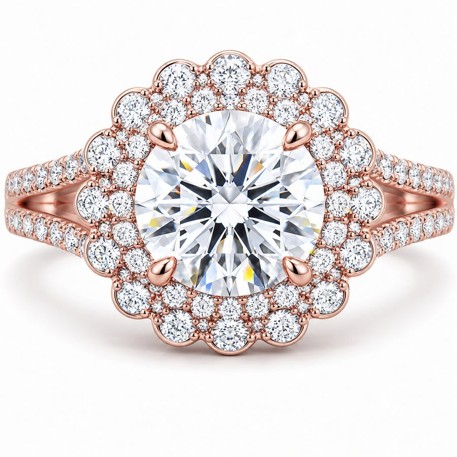 2.00 CT Round Lab-Grown Diamond Double Halo Engagement Ring in 14K White Gold – Split Shank Vintage Art Deco Design