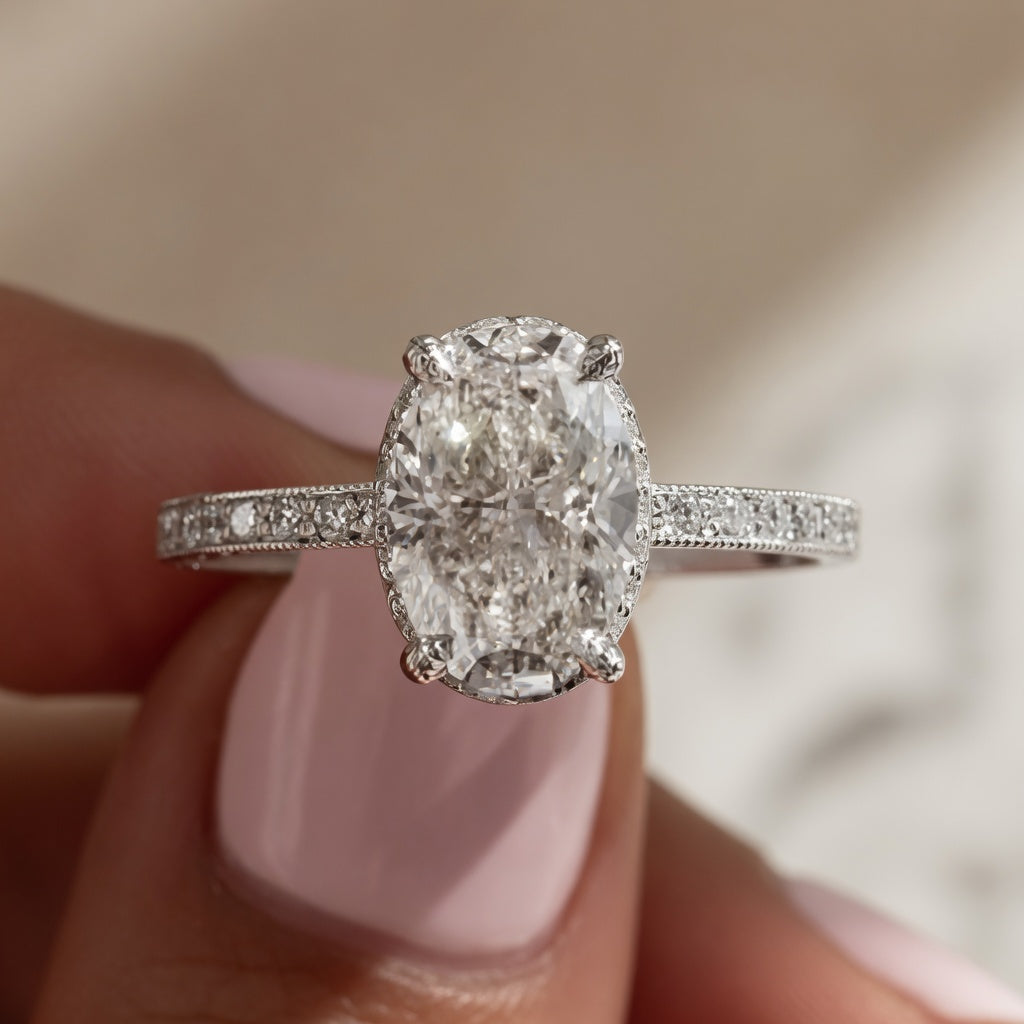2.00 CT Oval Lab-Grown Diamond Vintage Engagement Ring in 14K White Gold – Hand-Engraved Art Deco Hidden Halo Design