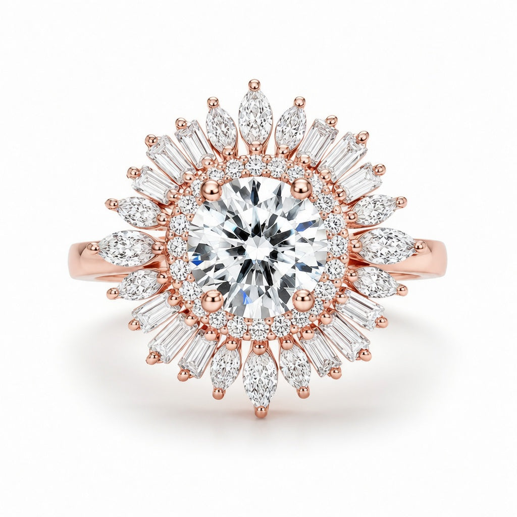 4.00 CT Round Lab-Grown Diamond Double Halo Wedding Ring in 14K White Gold – Sunburst Floral Cocktail Design