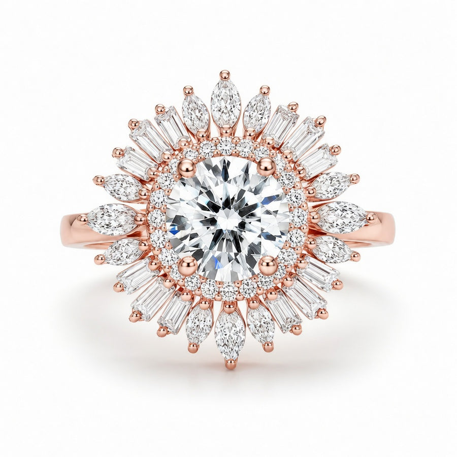 4.00 CT Round Lab-Grown Diamond Double Halo Wedding Ring in 14K White Gold – Sunburst Floral Cocktail Design