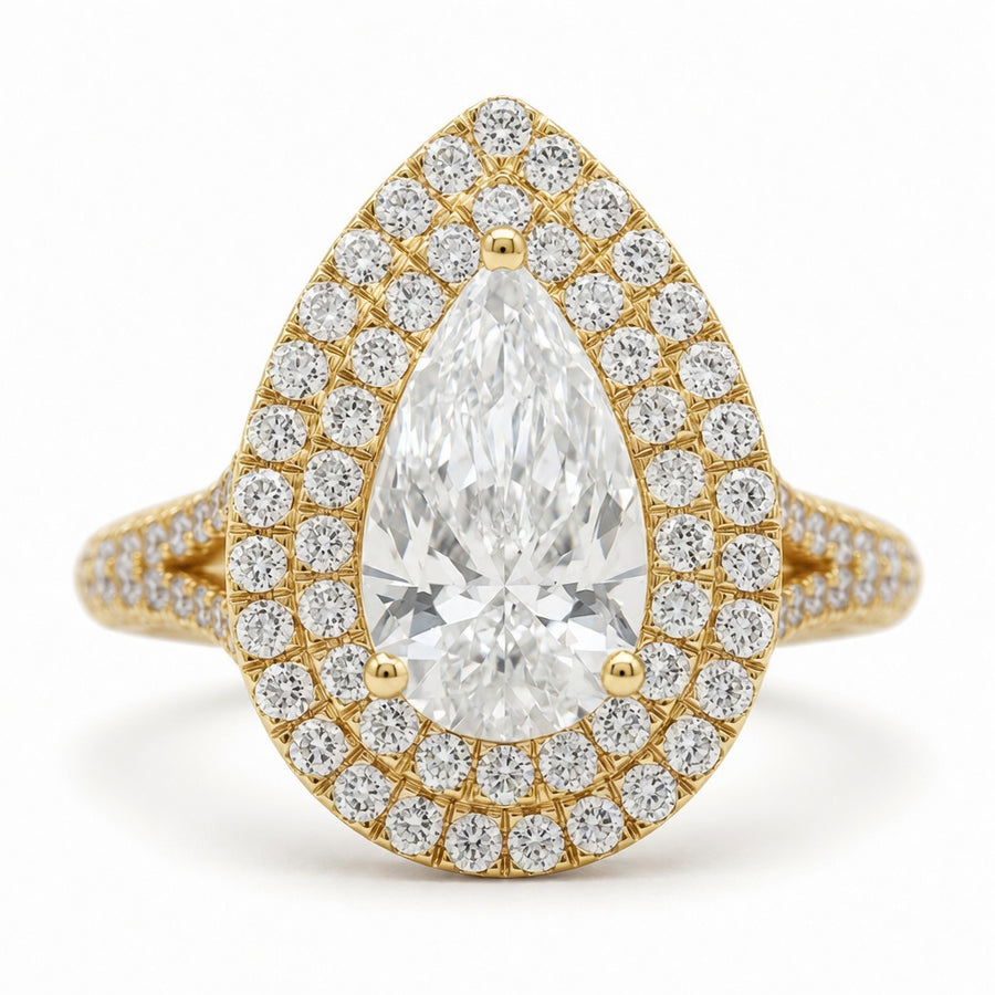 2.00 CT Pear Shaped Lab-Grown Diamond Double Halo Engagement Ring in 14K White Gold – Pavé Bridal Statement Design