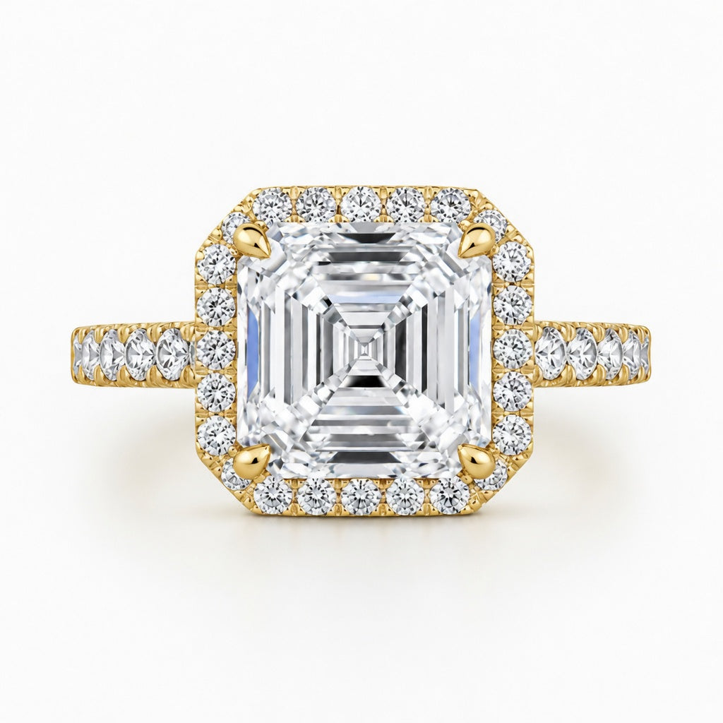 3.00 CT Asscher Cut Lab-Grown Diamond Halo Engagement Ring in 14K White Gold – Pavé Stackable Wedding Design