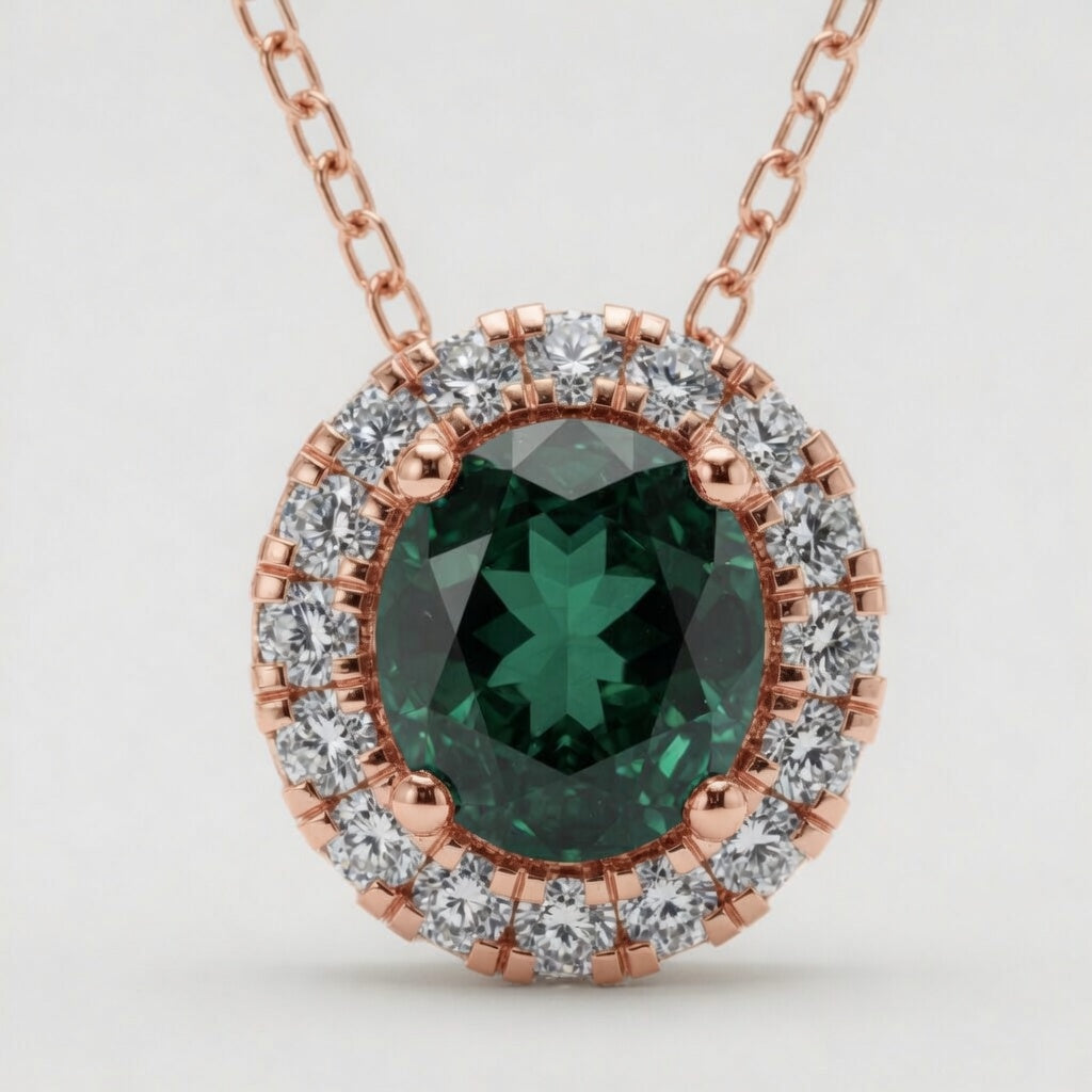 1.00 CTW Round Created Emerald and Lab-Grown Diamond Halo Pendant with Adjustable Chain (D–F / VS1–VS2)