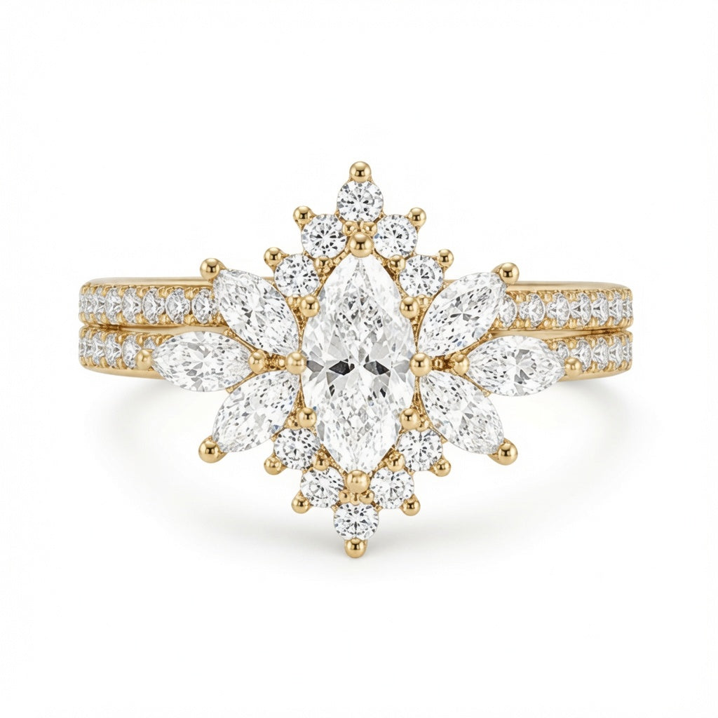 2.79 CT Vintage Marquise Lab-Grown Diamond 2PCS Bridal Set in 18K White Gold – Halo Floral Half Eternity Wedding Ring Design