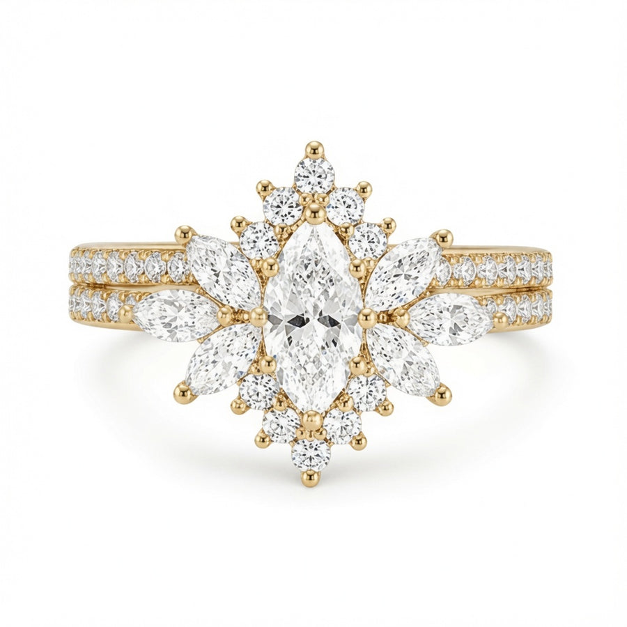 2.79 CT Vintage Marquise Lab-Grown Diamond 2PCS Bridal Set in 18K White Gold – Halo Floral Half Eternity Wedding Ring Design
