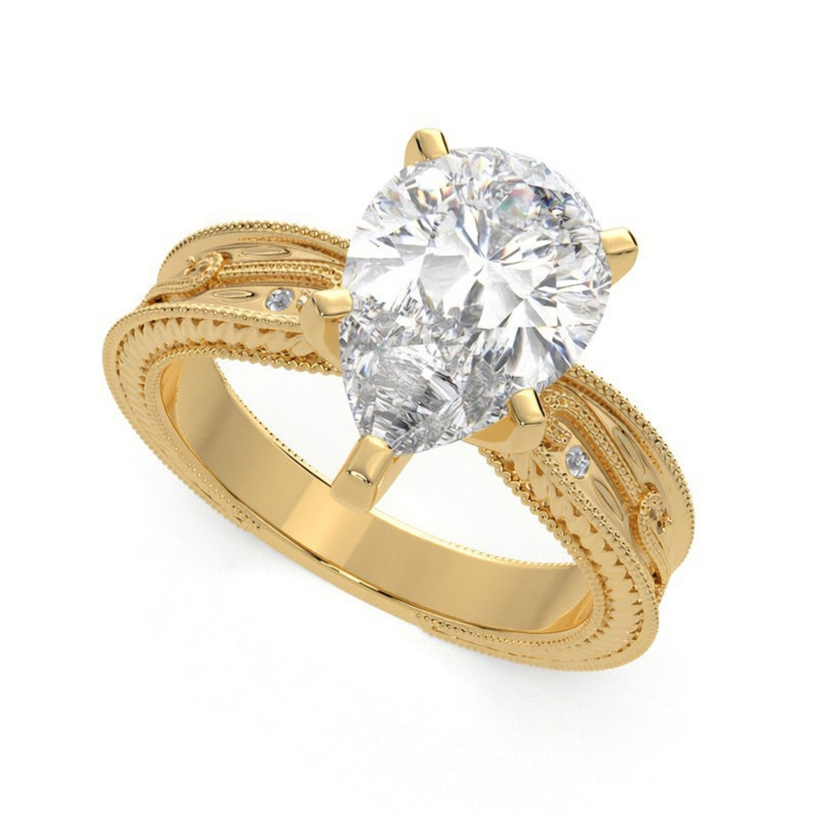 Sabrina 4 Carat Pear Cut Solitaire Hand Engraved Milgrain Engagement Ring