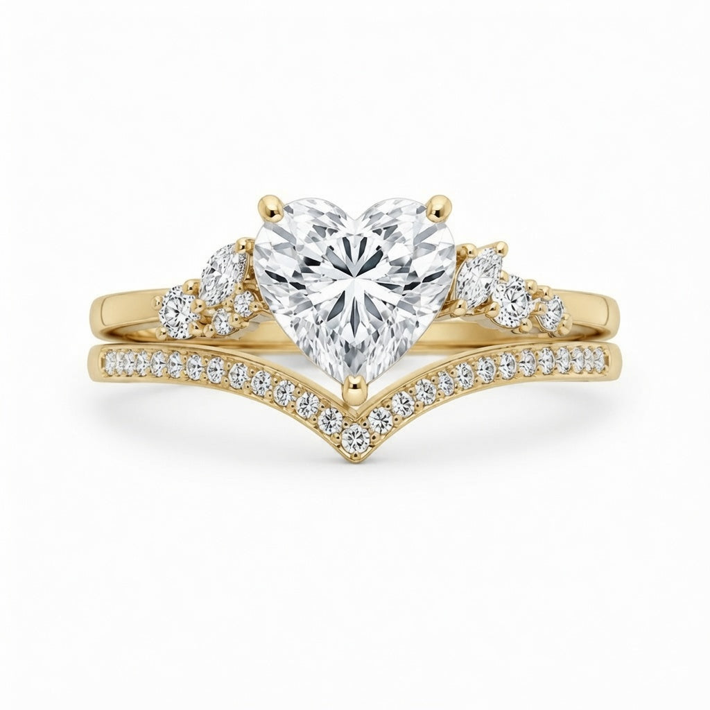 2.50 CT Heart Cut Lab-Grown Diamond 2PCS Bridal Set in 14K White Gold – Cluster Engagement Ring with V-Shaped Wedding Band