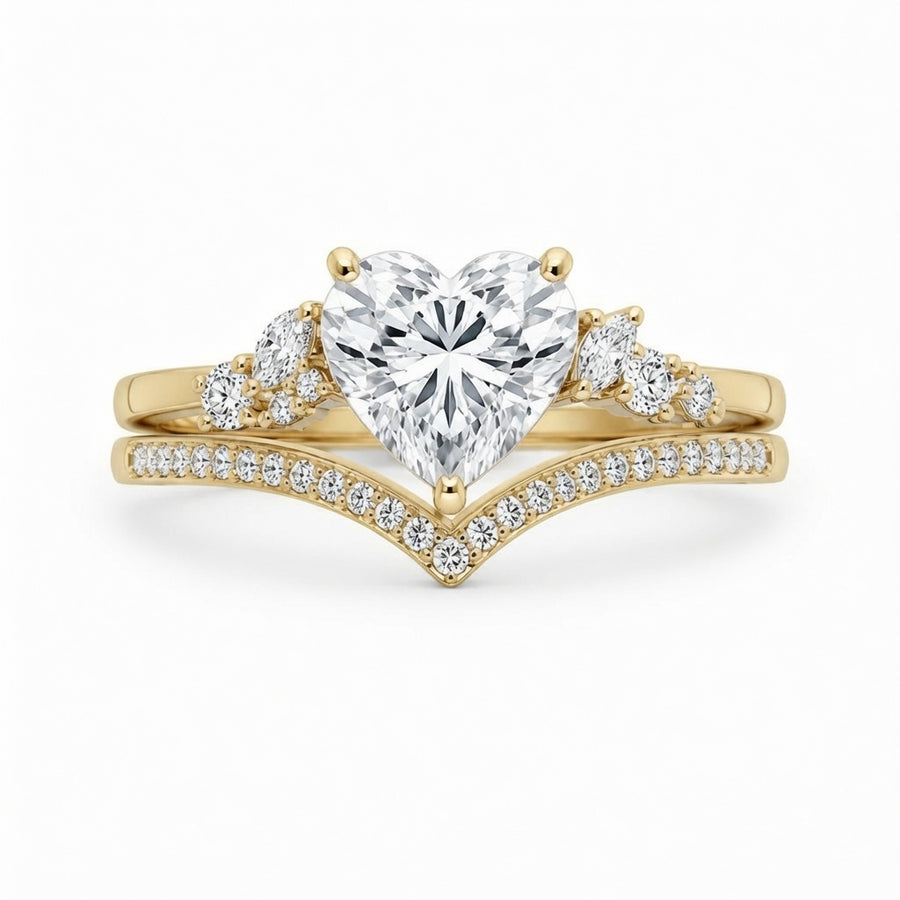 2.50 CT Heart Cut Lab-Grown Diamond 2PCS Bridal Set in 14K White Gold – Cluster Engagement Ring with V-Shaped Wedding Band