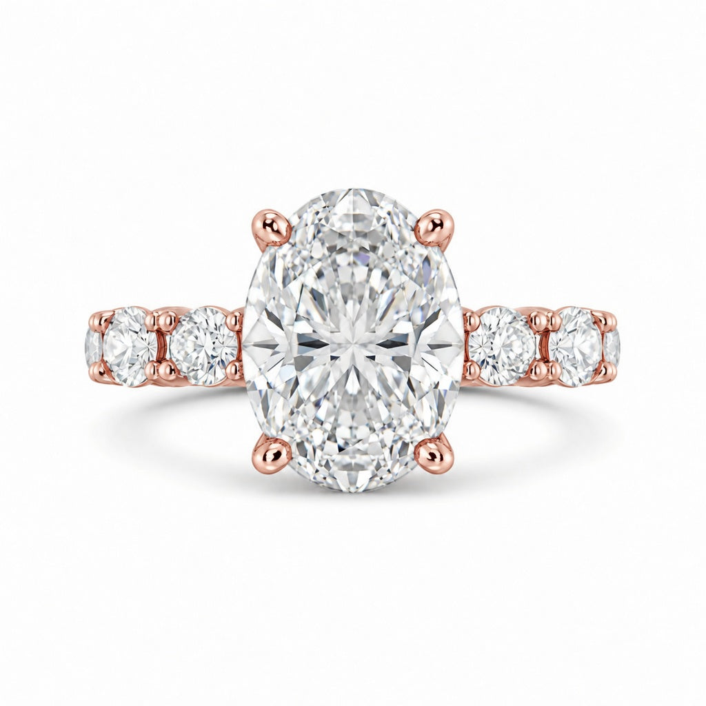 5.00 CT Oval Lab-Grown Diamond Hidden Halo Engagement Ring in 14K White Gold – Oval Side Stone Solitaire Design