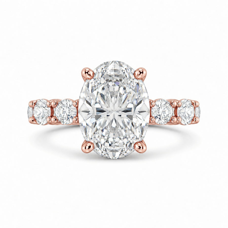5.00 CT Oval Lab-Grown Diamond Hidden Halo Engagement Ring in 14K White Gold – Oval Side Stone Solitaire Design