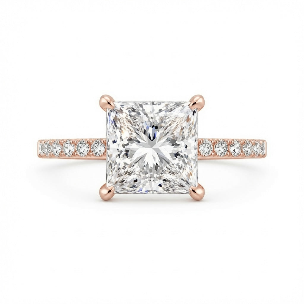 3.00 CT Princess Cut Lab-Grown Diamond Hidden Halo Engagement Ring in 14K White Gold – Pavé Eternity Band Design