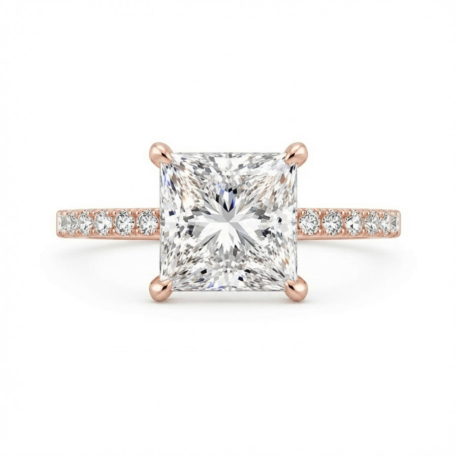 3.00 CT Princess Cut Lab-Grown Diamond Hidden Halo Engagement Ring in 14K White Gold – Pavé Eternity Band Design