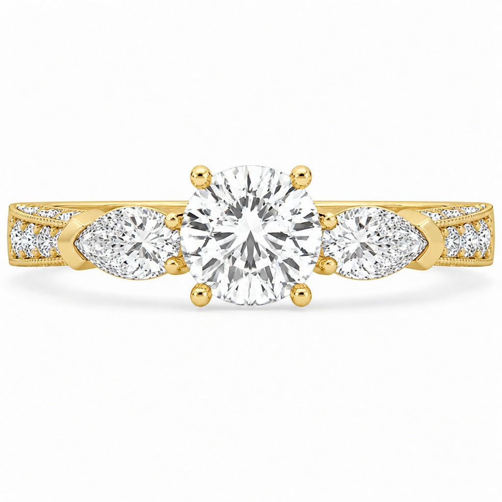 3.00 CT Round Lab-Grown Diamond Three-Stone Engagement Ring in 14K White Gold – Pear Side Stone Solitaire Design