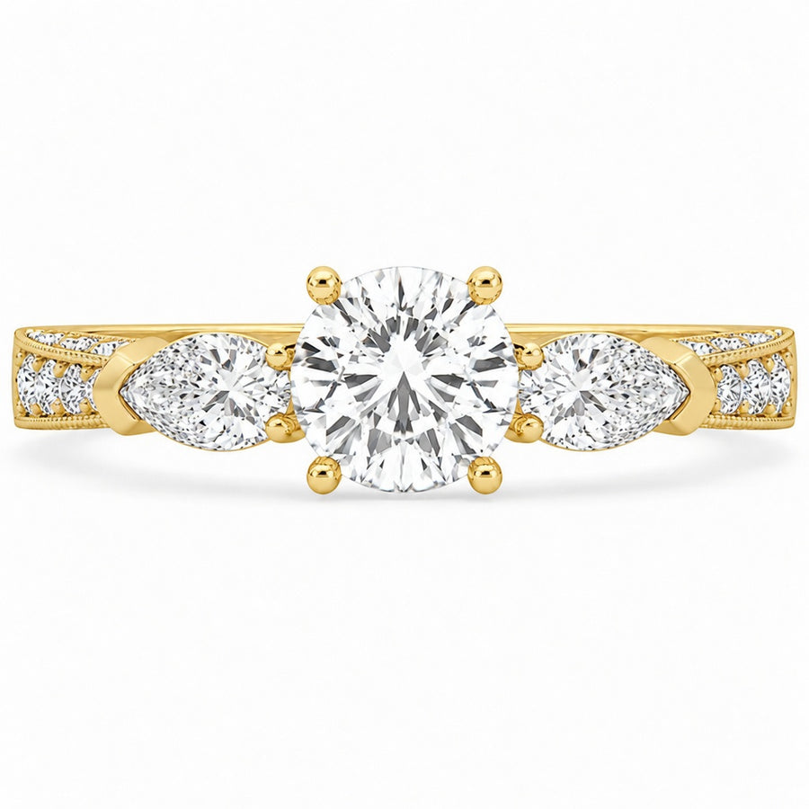 3.00 CT Round Lab-Grown Diamond Three-Stone Engagement Ring in 14K White Gold – Pear Side Stone Solitaire Design