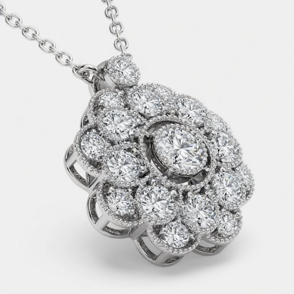 14K White Gold Vintage Floral Milgrain Lab-Grown Diamond Pendant (1.25 CTW – D–F / VS1–VS2)