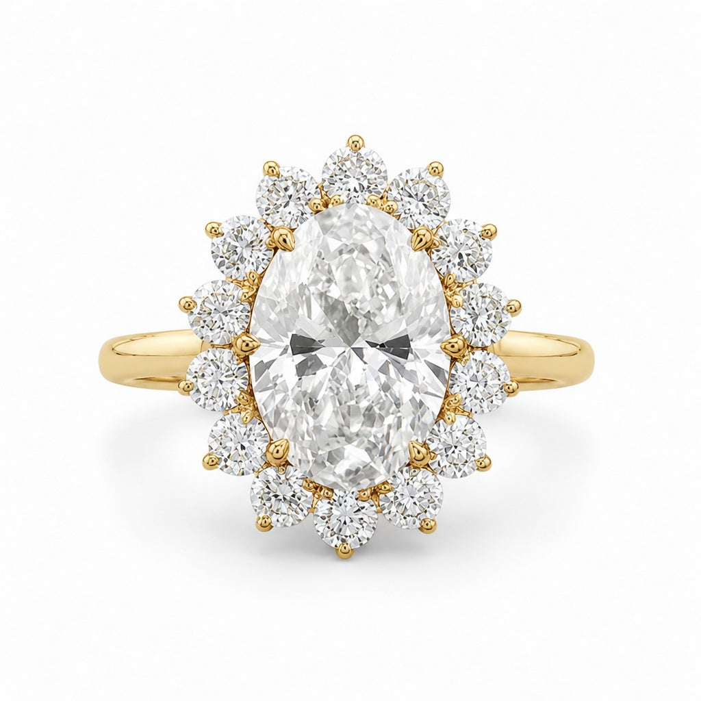 3.00 CT Oval Lab-Grown Diamond Sunburst Halo Engagement Ring in 14K White Gold – Statement Anniversary Design