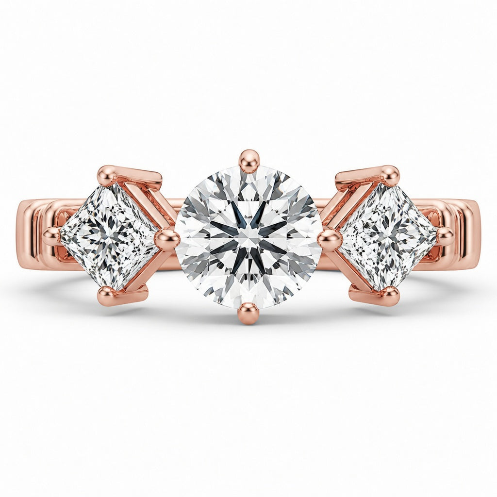 1.00 CT Round Lab-Grown Diamond Three-Stone Engagement Ring in 14K White Gold – Princess Side Stone Elegant Design