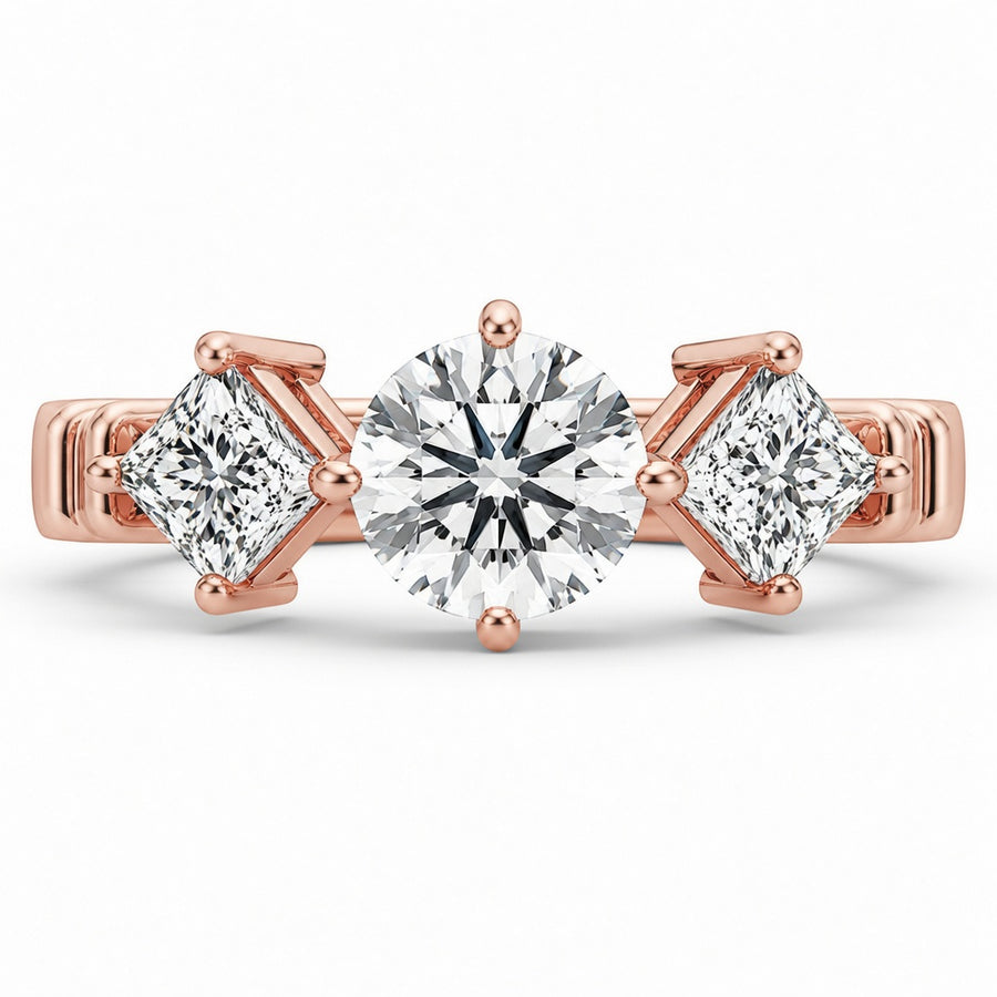 1.00 CT Round Lab-Grown Diamond Three-Stone Engagement Ring in 14K White Gold – Princess Side Stone Elegant Design