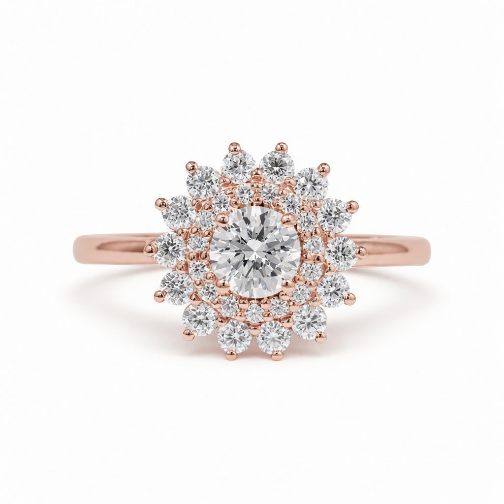2.50 CT Round Cut Lab-Grown Diamond Double Halo Engagement Ring in 14K White Gold – Vintage Art Deco Starburst Design