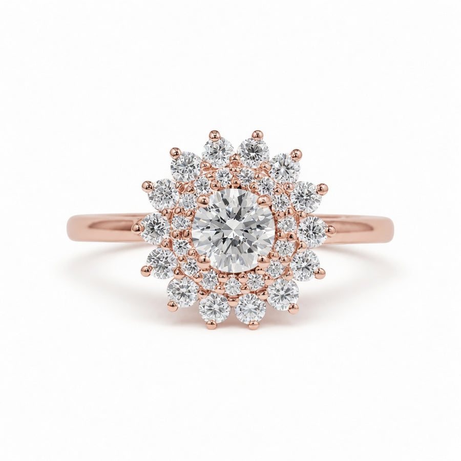 2.50 CT Round Cut Lab-Grown Diamond Double Halo Engagement Ring in 14K White Gold – Vintage Art Deco Starburst Design