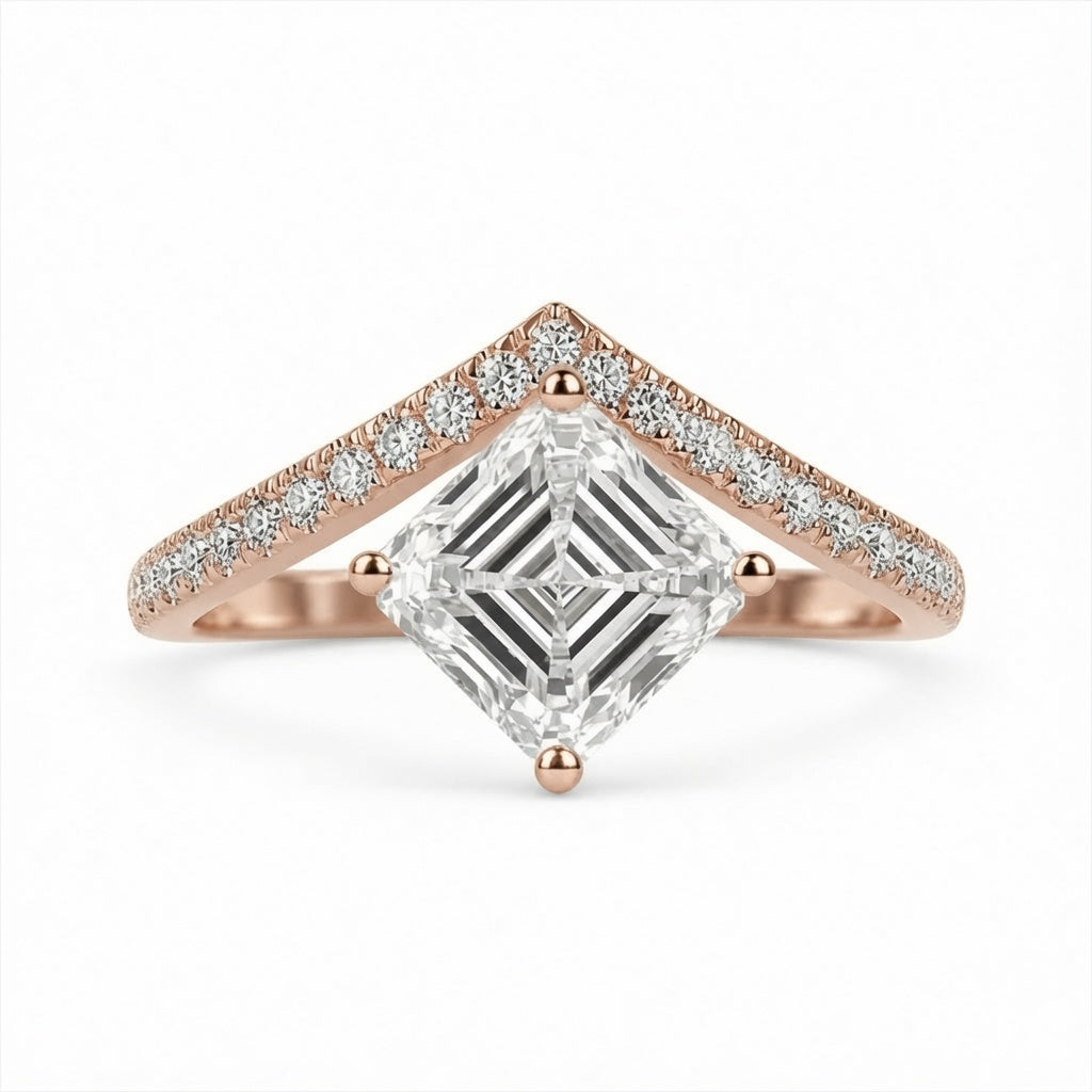 3.00 CT Asscher Cut Lab-Grown Diamond Chevron Solitaire Engagement Ring in 14K White Gold – Curved V Shape Wedding Band Design | IGI Certified