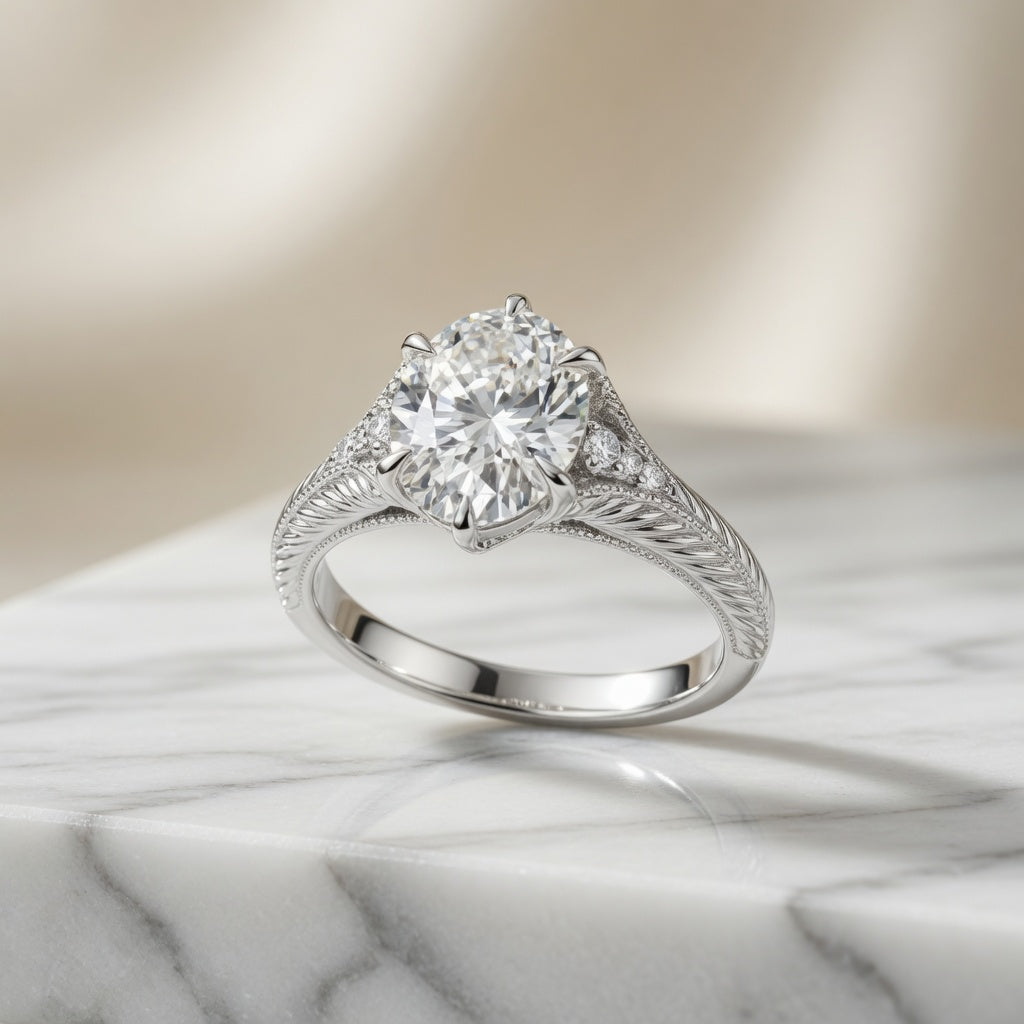 5.00 CT Oval Lab-Grown Diamond Engagement Ring in 14K White Gold – Hand-Engraved Wheat Leaf Design