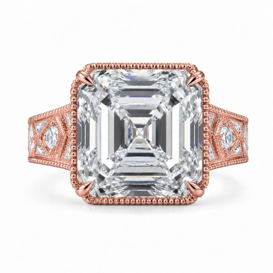 4.00 CT Asscher Cut Lab-Grown Diamond Solitaire Engagement Ring in 14K White Gold – Vintage Wide Band with Round Side Accents | IGI Certified