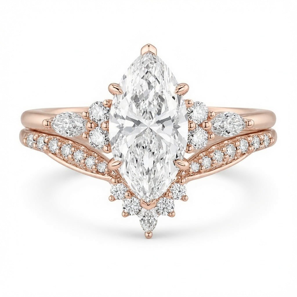 2.75 CT Marquise Lab-Grown Diamond 2PCS Bridal Set in 14K White Gold – Cluster V-Prong Filigree Wedding Ring Design